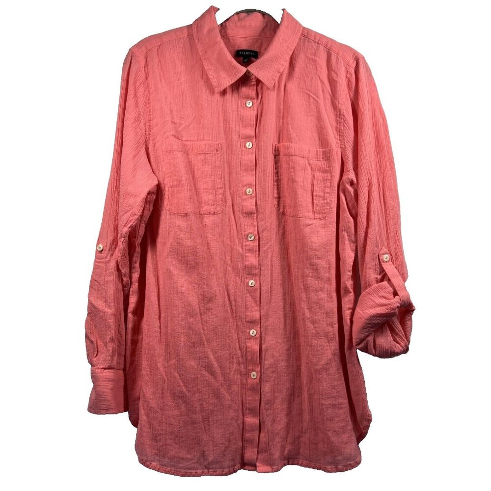 Talbots Women's Blouse Size Large 100% Cotton Coral‎ Roll Tab Long Sleeve Gauzy